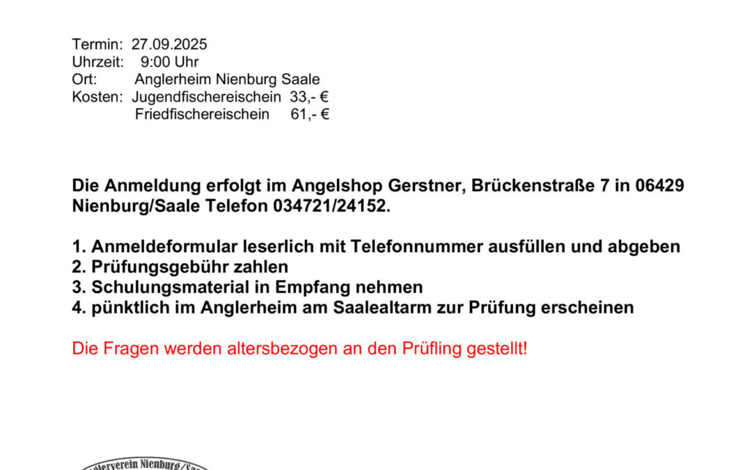 Prüfung Jugend – und Friedfischfischereischein