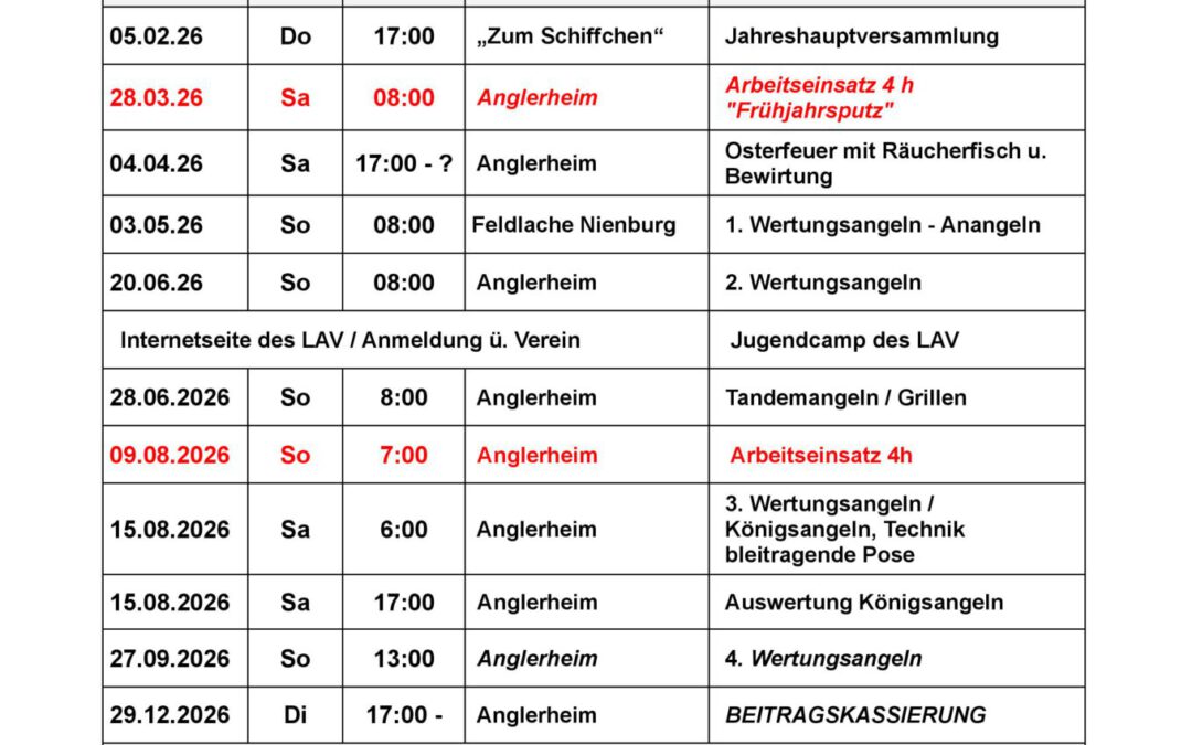 Veranstaltungsplan Jugend 2026