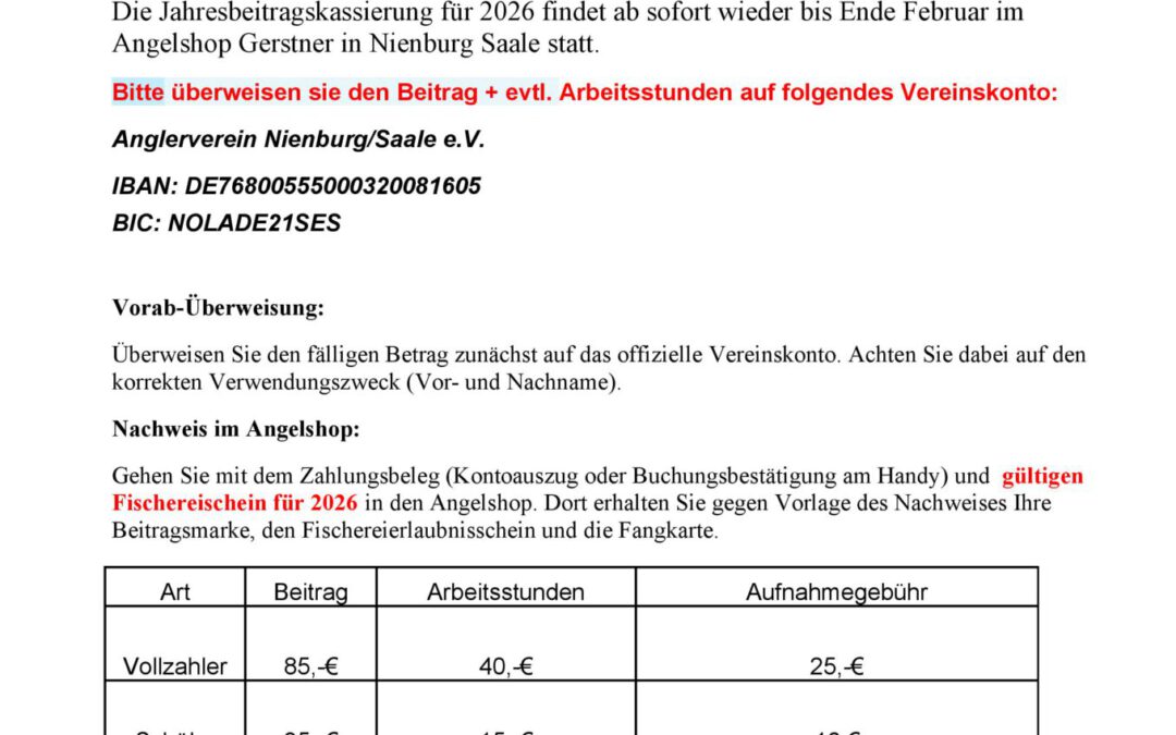 Jahresbeitragskassierung bis Ende Februar im Angelshop Gerstner